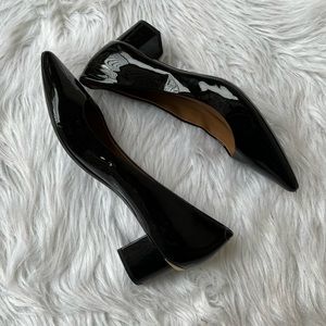 Calvin Klein Patent Pointed Toe Block Kitten Heel